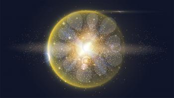 Bright glowing ball filled with particles and dust with shine and glow. The specks of light flying from the explosion