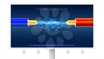 Poster with Electric cable and sparks on the Billboard. Copper electrical cable in blue and red insulation with electrical arc between the wires. Background for presentation or advertising