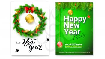 Set of different posters for Happy New Year events. Creative holidays cards with handwriting text. Covers with design of text, fir branches. Christmas toys, wreath of fir branches and red bow ribbon