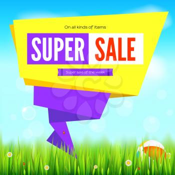 Super sale summer background, cut paper art style for ad banner. Grass, daisy flowers, ladybugs in grass on backdrop from sky with clouds. Origami paper speech bubble for ad of sales.