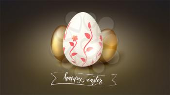 Greeting card with painted and golden eggs for celebration of happy Easter. Hand-drawn text happy easter on vintage banner, brush strokes style. Vector 3d illustration for holiday greetings, covers.