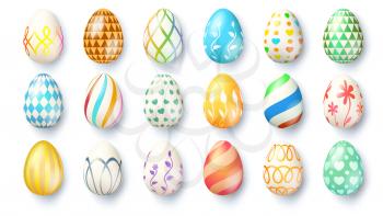 Big set of Easter eggs isolated on white background. Hand made collection of Easter eggs lying on the surface with different textures and paintings. Realistic icons for spring holidays