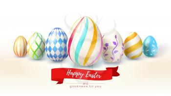 Happy Easter design of festive greetings cards, gift voucher. Template with hand painted easter eggs. Design of text on red ribbon. Realistic vector illustration for Easter holidays on white