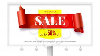 Sale. Realistic billboard with red ribbon with special limited offer. Curved red banner isolated on white background. Three dimensional vector illustration for events by discount, fifty percent off