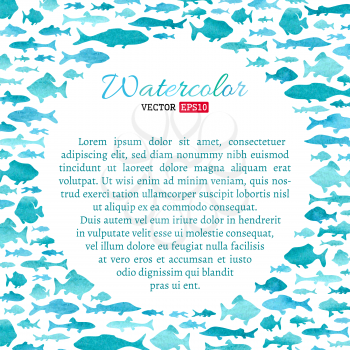 Blue watercolor fish background. There is place for your text in the center.