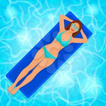 Smiling girl on air mattress in pool water. vector illustration - eps 10