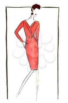 fashion of 20th Century - red midi business dress in 90th years