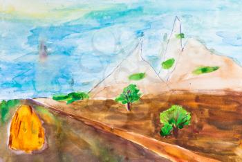 children drawing - country road to horizon in mountains