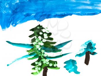 childs painting - winter landscape with fir trees