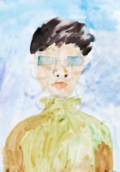 child's painting - portrait of man in blue glasses and green shirt