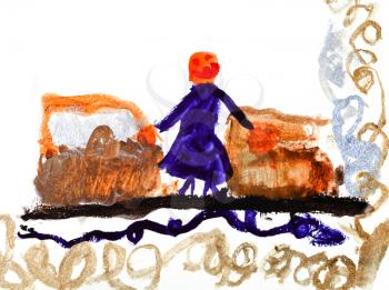 childs drawing - woman with big leather suitcases on roadside