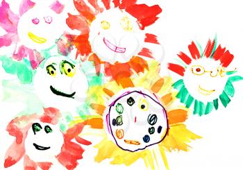 childs drawing - many happy smiling sun faces
