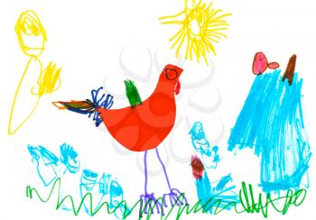 childs drawing - red chicken at poultry yard