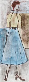 model of woman clothing - urban woman in demi-season clothing - blue brown