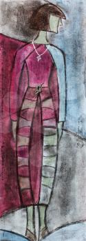 model of woman clothing - urban woman in demi-season clothing - magenta grey blue