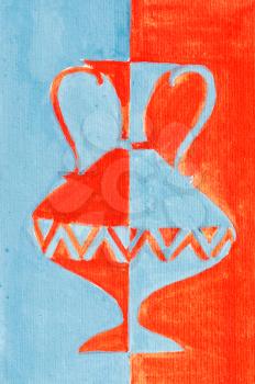 stylized blue and red image of vase on textured paper