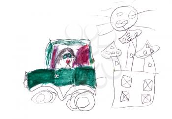 childs drawing - woman in green car near house