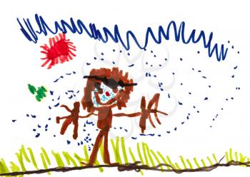 childs drawing - happy boy in rain