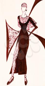 sketch of fashion model - brown evening dress with large slit