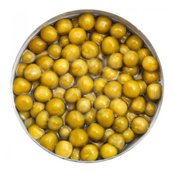 top view of canned green peas in tin