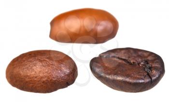 three roasted coffee beans isolated on white background