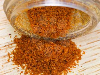 top view of cayenne pepper heap and glass jar