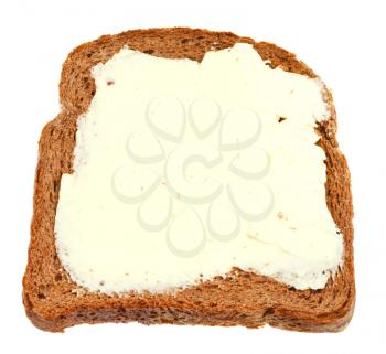 top view of rye bread and dairy butter sandwich isolated on white background