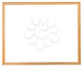 old simple wooden narrow picture frame with cutout canvas isolated on white background