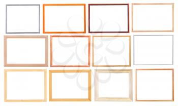 set of simple modern wooden picture frames with cutout canvas isolated on white background