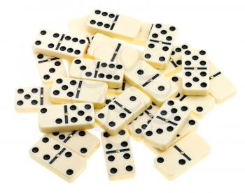 top view of scattered dominoes isolated on white background