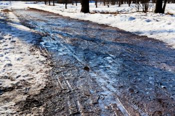 slippery wet dirt road in early spring forest