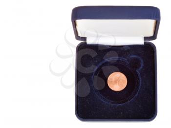 one euro cent coin in open black numismatic case isolated on white background