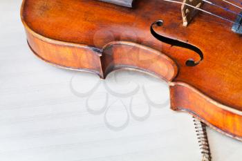 violin bout with f-hole on music book close up