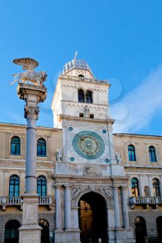 winged lion column and clock tower of Palazzo del Capitanio in Padua, Italy