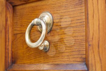old brass ring door handle on wooden urban door