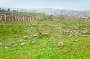 panorama of ancient city Gerasa and modern Jerash , Jordan