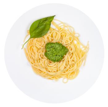 top view on spaghetti with pesto on plate isolated on white background