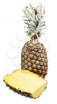 half of pineapple and one ripe pineapple isolated on white background