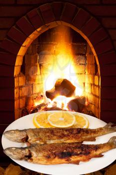 fried trout fish on white plate and open fire in wood burning oven
