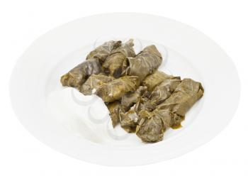 portion caucasus meal - dolma from vine leaves and mince on plate isolated on white background