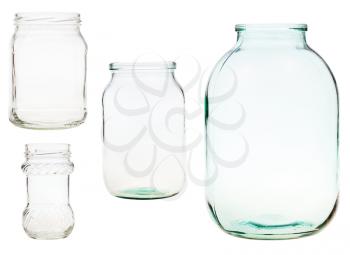 set of open glass jars isolated on white background