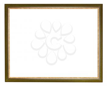 old green narrow wooden picture frame with cut out canvas isolated on white background