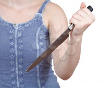 girl holding large kitchen knife isolated on white background