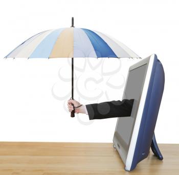 weather forecast - arm with umbrella pops out TV screen isolated on white background