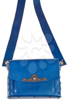 flat blue leather ladies bag with wide belt isolated on white background
