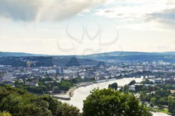 above view of Deutsches Eck (German Corner) at the confluence of Moselle and Rhine rivers in Koblenz town , Germany