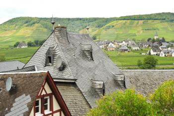 view of Ellenz Poltersdorf village from Beilstein town on Moselle river, Germany