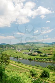 view of Moselle valley and Mosel river in summer day, Germany