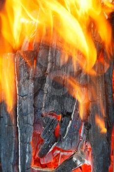 hot flame over burning firewood close up