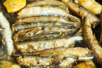 frying capelin fish in oil in pan close up